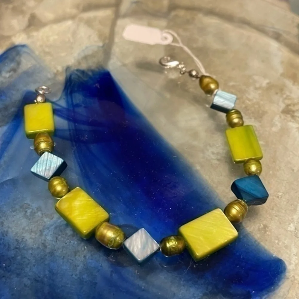 $49 SALE Handmade Green & Blue Geometric Bracelet Pearl Shell 8” Coastal Gift